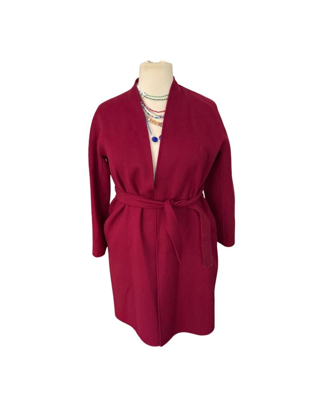 Weekend Max Mara Pure New Wool Belted Open Front Coat Burgundy Size 10